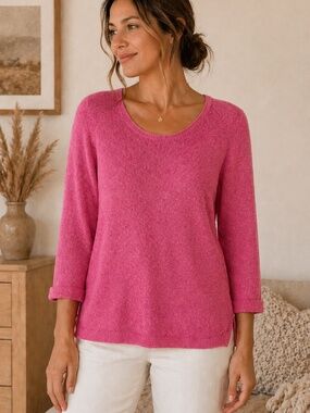 Talbots Pink Linen Knit Sweater Size L Lightweight 3/4 Sleeve Spring Summer